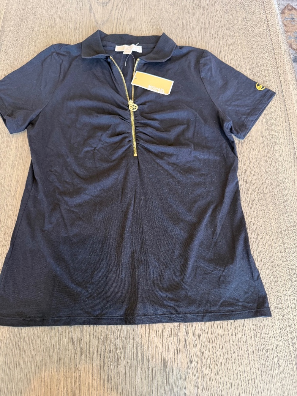 NWT Women’s Michael Kors Black Polo T- Shirt Medium Classic Gold Logo Preppy
